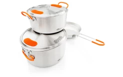 GSI Stainless Base Camper Medium Kochset 6 Teilig 2 Töpfe 2 / 3 Liter Bratpfanne 22,8 Cm -Campinggeschirr Verkäufe 578067 3950291